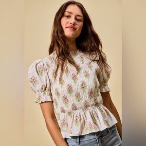 SO ME Floral Cotton Smocked Short Sleeves Blouse